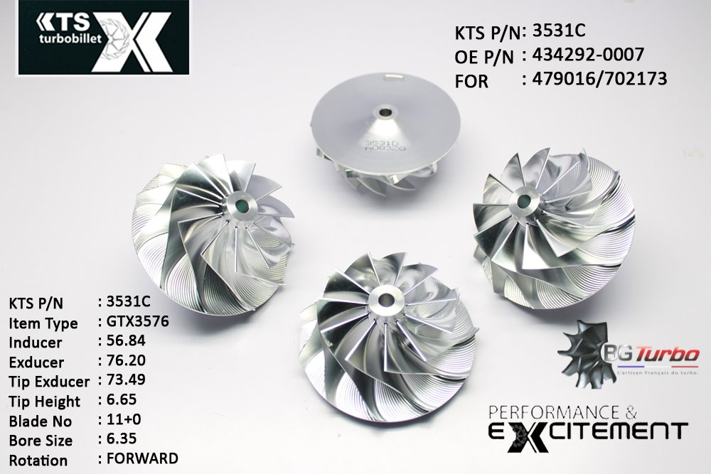 Turbo ROUE FORGÉE MFS PERFORMANCE - 11+0 PALES - INDUCER : 56,84 - EXDUCER : 76,2 - TYPE : GTX3576ANGLE : 60° - ROTATION : Forward - SUPER BACK : 4,57 - BORE SIZE : 6,35
